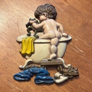 Vintage 1970’s Bath Decor Boy with Frog Bathtub. Sexton cast iron metal